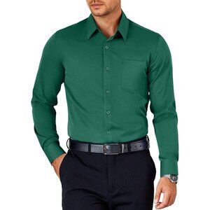 Bright Green Mens Dress Long Sleeve Button Down Wrinkle Free Shirt with Pocket